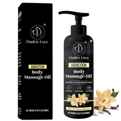 Dude's Love vanilla jasmine oil bottle pour for a relaxing massage