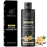 Dude's Love vanilla massage oil bottle closeup shows premium organic blend for smooth glide.