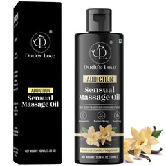 Dude's Love vanilla massage oil bottle closeup shows premium organic blend for smooth glide.