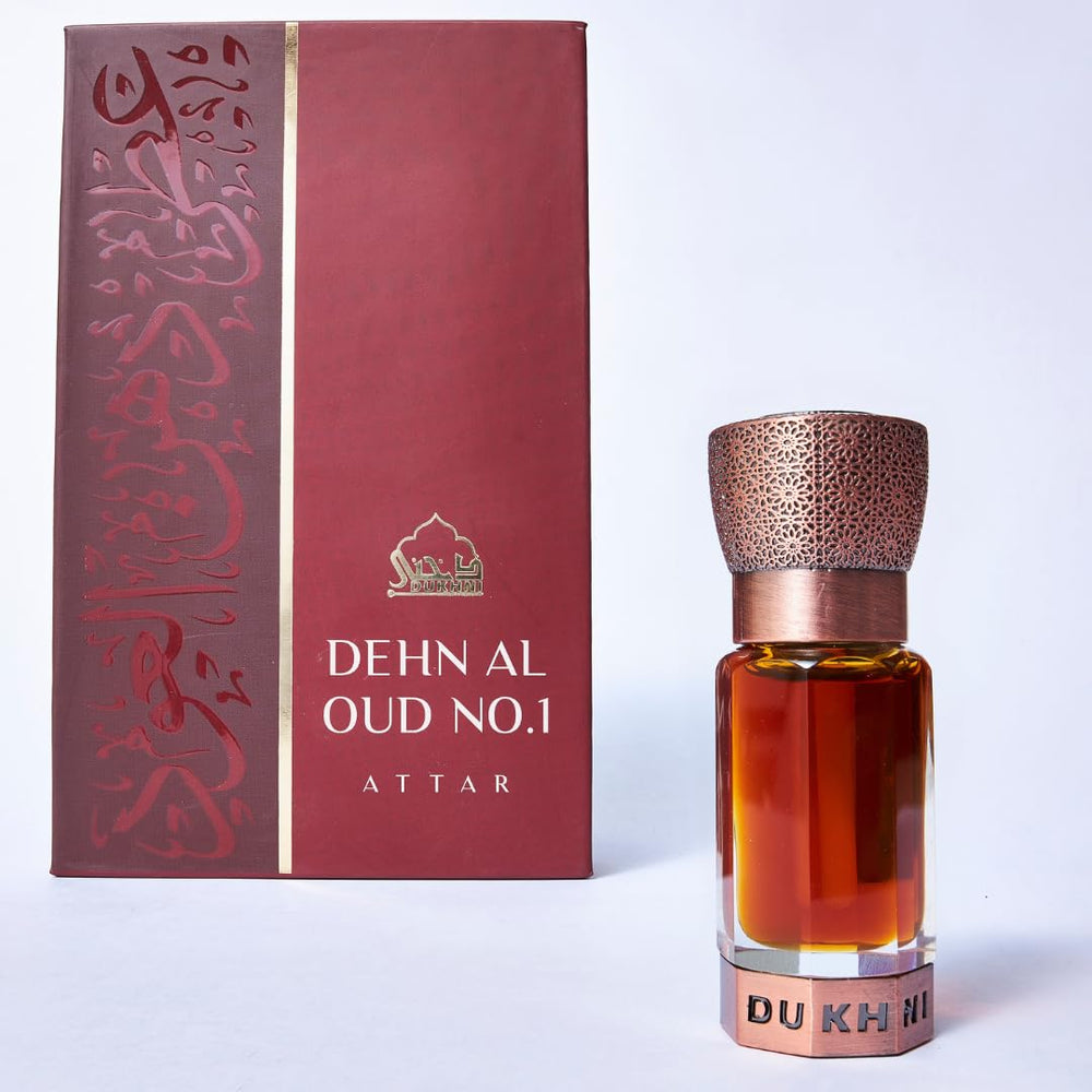 Dukhni Dehn Al Oud Attar bottle shows premium oud for elegant wear