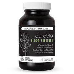 Durable Blood Pressure bottle front highlighting a doctor-formulated circulatory supplement.
