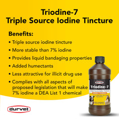 Durvet Triodine-7 label detail highlights 7% active ingredients and titratable iodine.