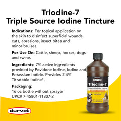 Durvet Triodine-7 bottle ready for surface sanitation in home or shop.