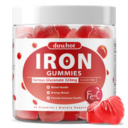 duwhot iron gummies bottle front shows label and strawberry flavor for daily energy