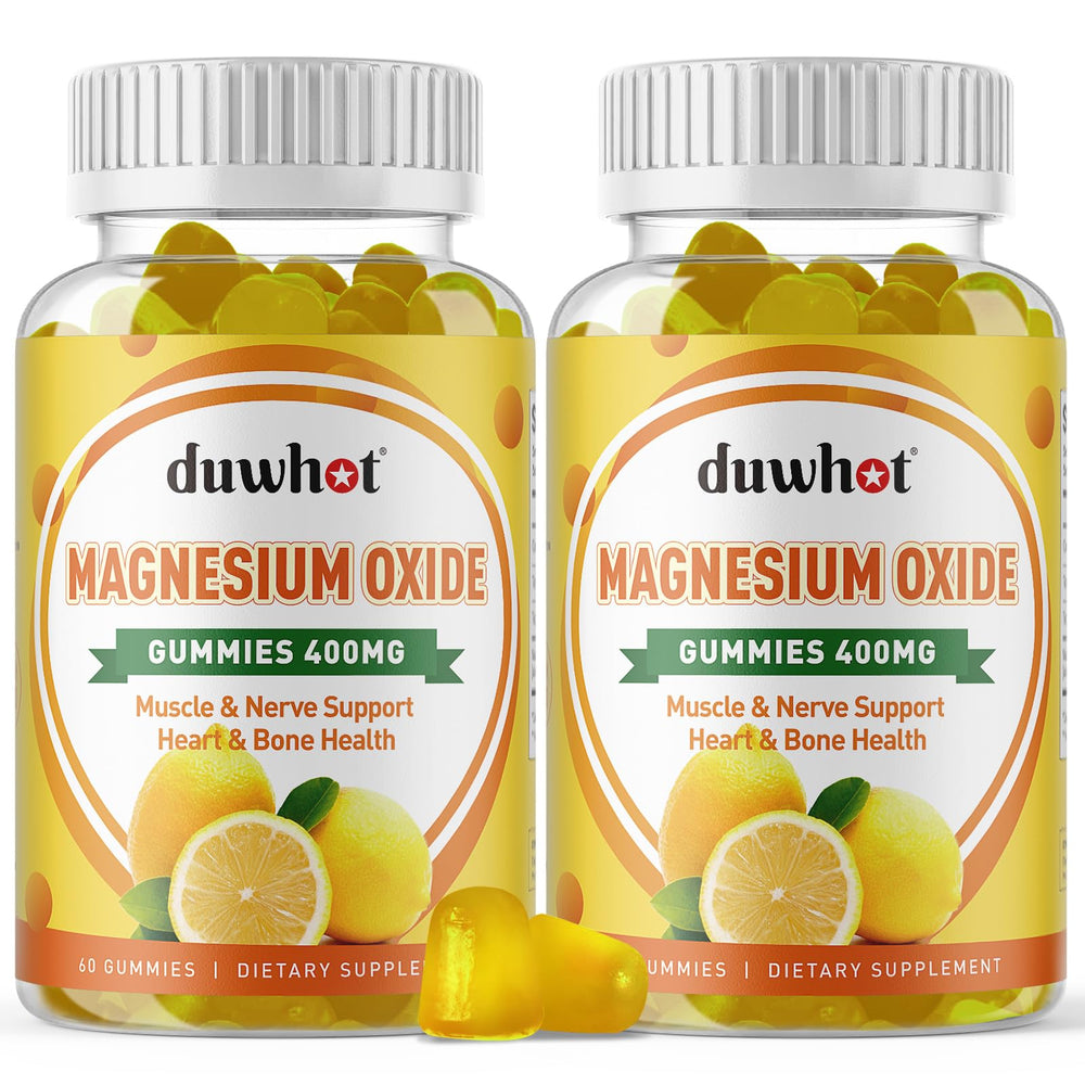 Duwhot Magnesium Oxide Gummies bottle showing 400 mg per gummy for daily use.