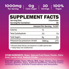 Duwhot Potassium Citrate Gummies label closeup, vegan and gluten-free.