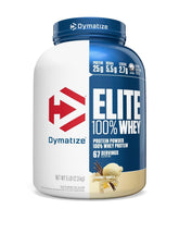 Dymatize Elite 100% Whey Vanilla bottle ready for post-workout recovery.