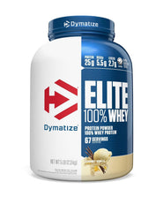 Dymatize Elite 100% Whey Vanilla bottle ready for post-workout recovery.