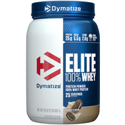 Dymatize Elite 100% Whey Cookies & Cream scoop ready to mix after training.