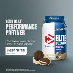 Dymatize Elite 100% Whey tub front shows gluten-free formula for athletes.