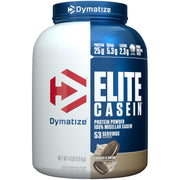 Dymatize Elite Casein Cookies and Cream bottle for steady overnight protein support.