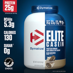 Dymatize Elite Casein Cookies and Cream scoop for convenient nighttime fueling.