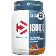 Dymatize ISO100 tub in chocolate peanut butter flavor, premium protein at a glance and aroma