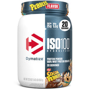 Dymatize ISO100 Cocoa Pebbles bottle front showing premium protein for fast absorption.