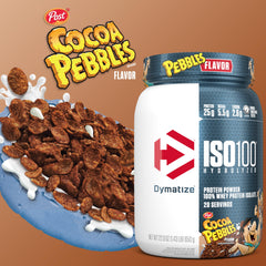 Dymatize ISO100 Cocoa Pebbles shake – creamy mix with 25g protein per serving.