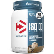 Dymatize ISO100 Cookies & Cream bottle highlighting fast absorbing protein for post workout recovery.