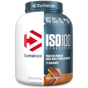 Dymatize ISO100 front label highlights 25 g protein per serving for training days.
