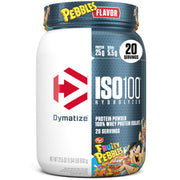 Dymatize ISO100 Fruity Pebbles bottle pouring, showcasing fast, flavorful protein shakes.