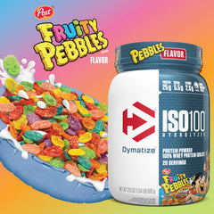 Dymatize ISO100 Fruity Pebbles packaging, gluten-free formula for daily protein.