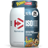 Dymatize ISO100 Fruity Pebbles tub front, highlighting flavor and 25g protein per serving for post-workout recovery.