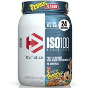 Dymatize ISO100 Fruity Pebbles tub front, highlighting flavor and 25g protein per serving for post-workout recovery.