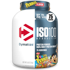Dymatize ISO100 Fruity Pebbles tub displaying high-protein formula for recovery