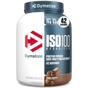 Dymatize ISO100 hydrolyzed protein bottle highlighting fast absorption and quality.
