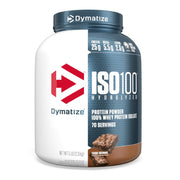 Dymatize ISO100 bottle showing pure whey protein isolate for fast recovery