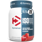 Dymatize ISO100 strawberry tub front highlighting premium protein for fast recovery and growth.