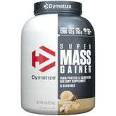 Dymatize Super Mass Gainer vanilla powder tub for high-calorie mass-building nutrition.