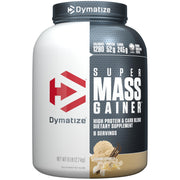 Dymatize Super Mass Gainer vanilla powder tub for high-calorie mass-building nutrition.