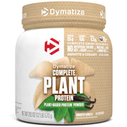 Dymatize Vegan Plant Protein tub with vanilla label highlighting 25g protein per serving