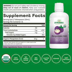 Dynamic Health Mangosteen Gold label closeup – organic, non-GMO promise
