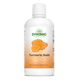 Dynamic Health Turmeric Gold bottle pour showing pure juice for daily antioxidant intake.