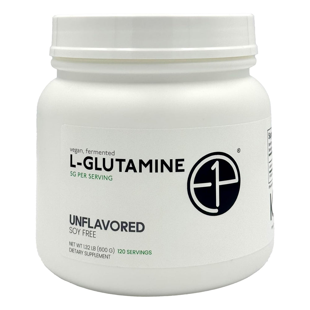 E1P L-Glutamine 600g unflavored bottle for convenient daily use.