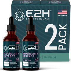 E2H Elderberry Syrup bottle front, vegan and non-GMO labeling.