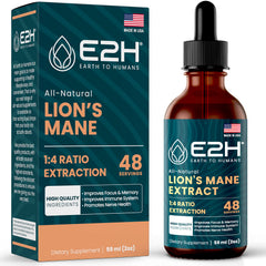E2H Lions Mane liquid bottle with pour cap for easy daily administration.