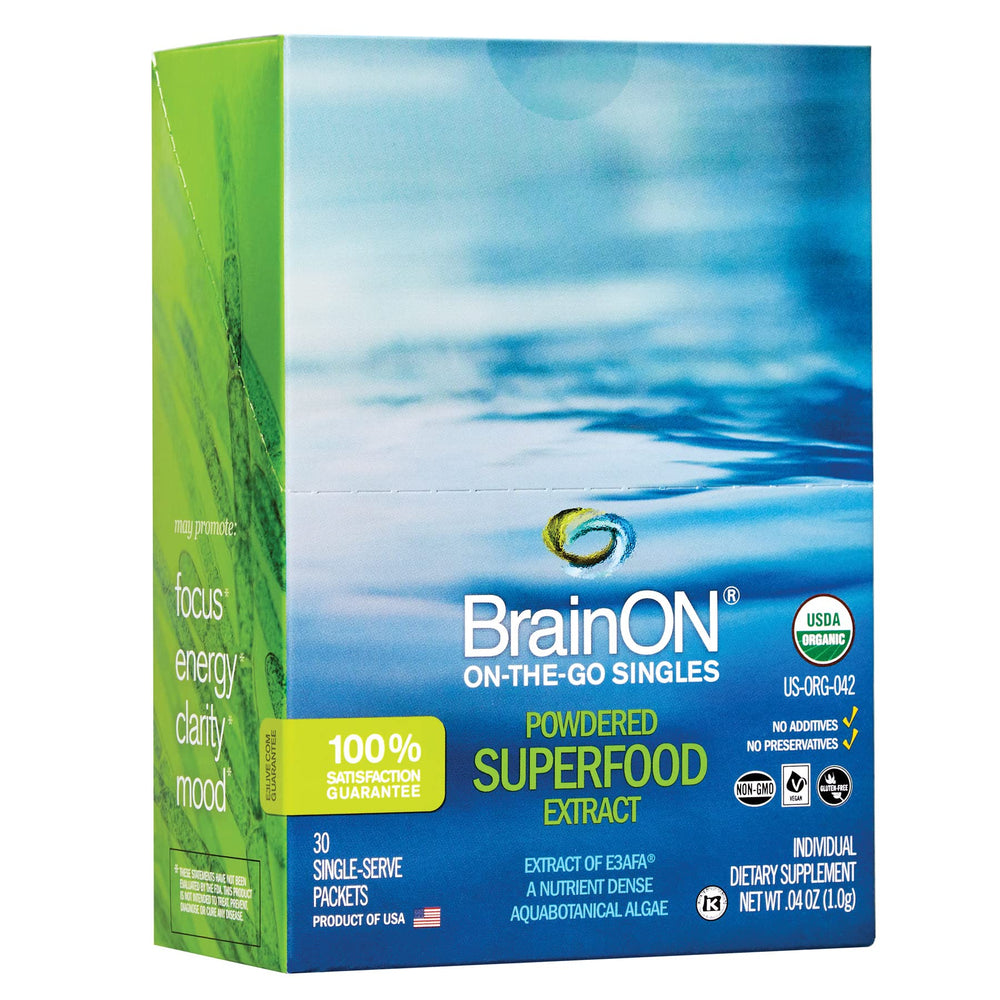 E3LIVE BrainOn bottle front shows travel-friendly single-dose format for daily energy and focus.