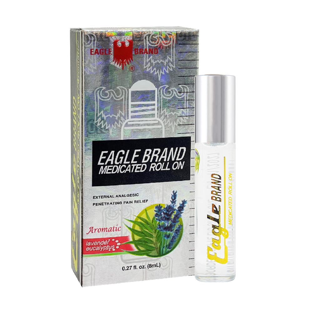 Eagle Brand medicated oil roll-on Lavender and Eucalyptus, compact 12-pack for on-the-go use.