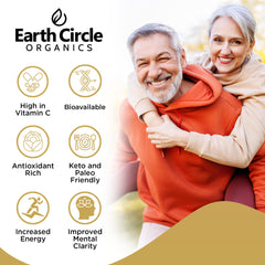 Earth Circle Organics Camu Camu powder close-up highlighting fine texture and rich color.