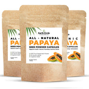 Earth Circle Organics Papaya Seed Powder Capsules bottle on table, supporting digestion and daily wellness.