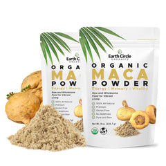 Earth Circle Organics Yellow Maca powder bag for energy-boosting smoothies.
