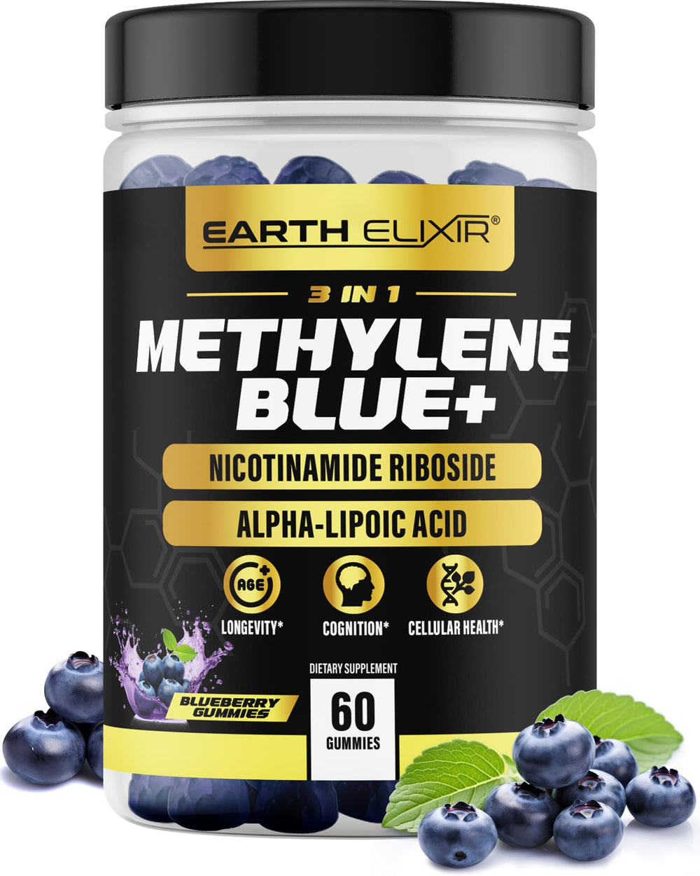 Earth Elixir 3-in-1 methylene blue gummy bottle for daily energy and clarity.