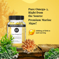 Earth & Elle omega 3 softgels closeup highlighting vegan algae oil as a DHA source.