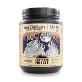 Earth Fed Muscle Nocturnal Casein dark chocolate bottle showing sugar-free, gluten-free formulation