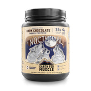 Earth Fed Muscle Nocturnal Casein dark chocolate bottle showing sugar-free, gluten-free formulation