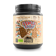 Earth Fed Muscle Power Couple peanut butter chocolate powder scoop for a protein boost
