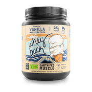 Earth Fed Muscle Whey Back vanilla bottle shows grass-fed protein quality for daily fueling