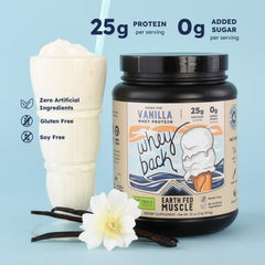 Earth Fed Muscle Whey Back vanilla powder tub highlights clean ingredients for muscle support