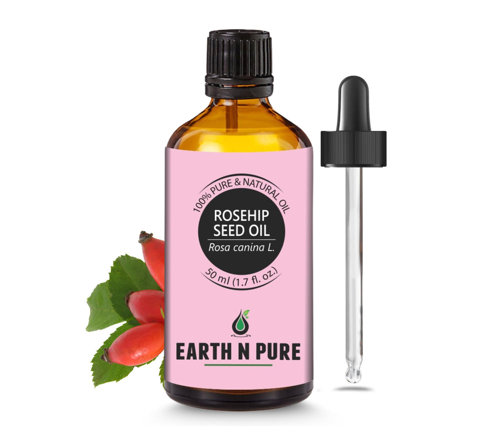Earth N Pure Rosehip Oil bottle with glass dropper for precise application.